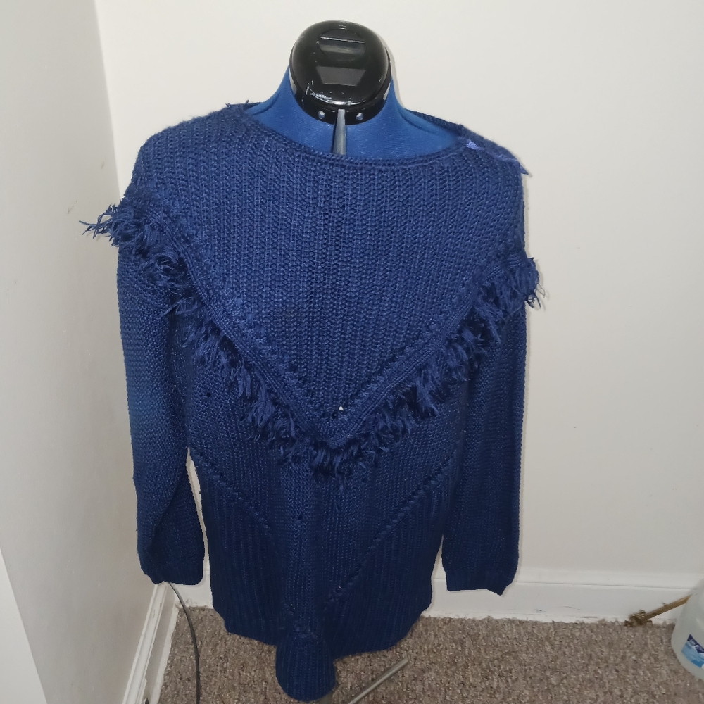 Kate & Mallory Sweater Punch Hole Plus Size Fringe Xl Navy Blue V Neck